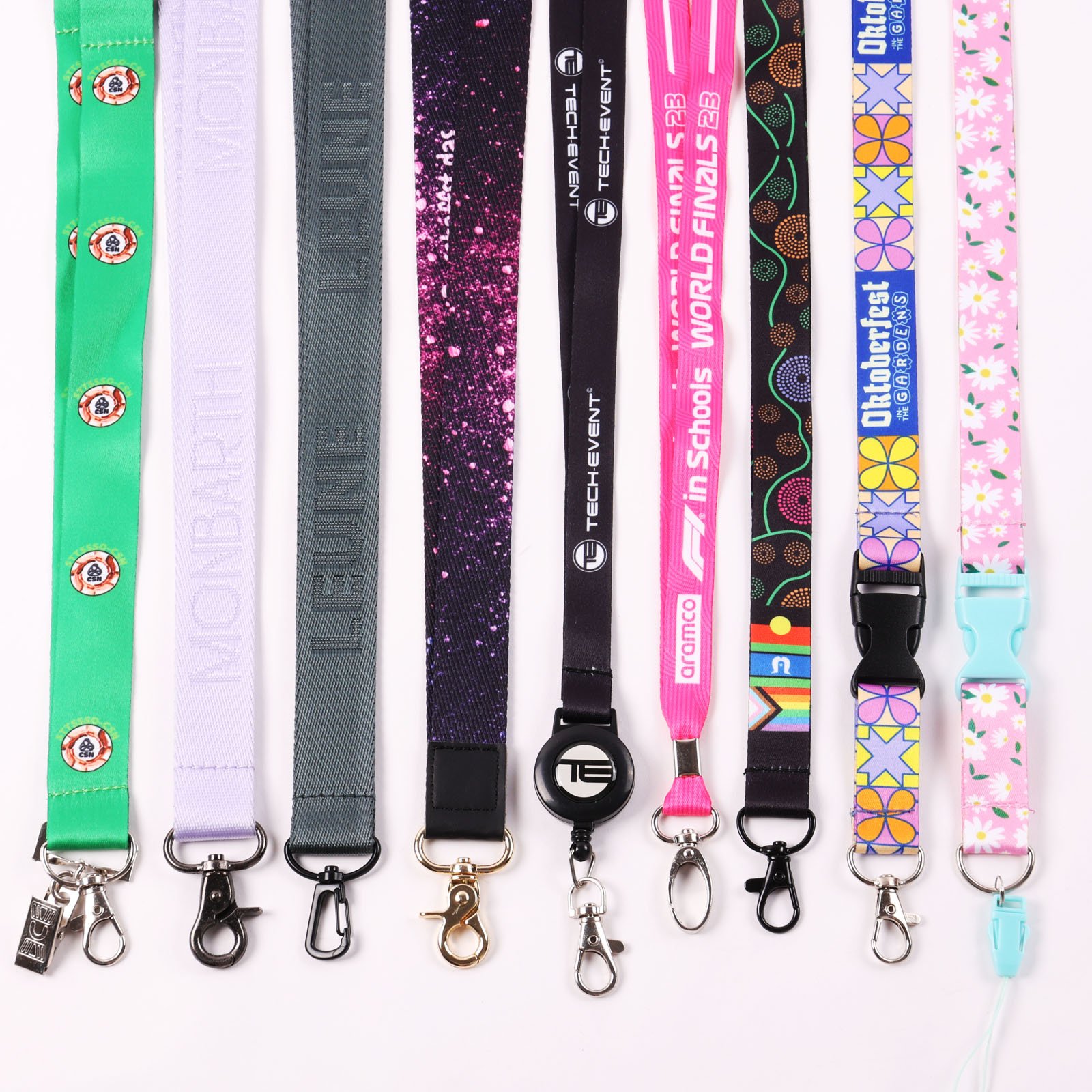 Custom screen printed lanyard with metal J hook and attachment options
