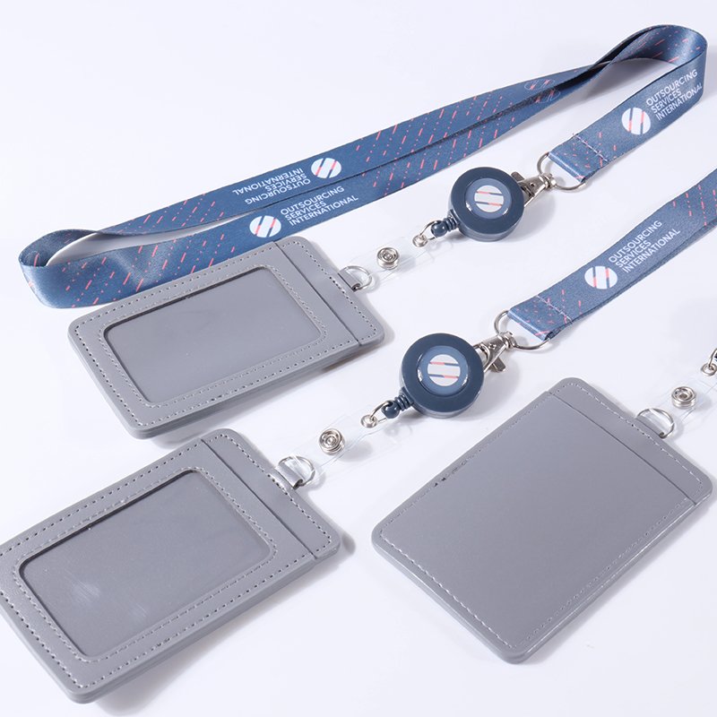 Custom heat transfer lanyards with retractable badge reels and PU ID card holders