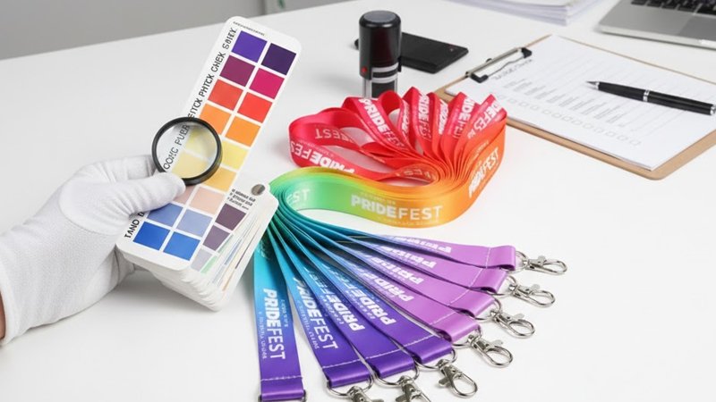 Pre-production lanyard sample with Pantone color matching and logo placement approval for corporate events