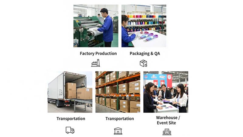 Supply chain workflow for high-volume custom lanyard programs showing MOQ, lead time, and reorder planning.