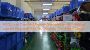 Supply chain workflow for high-volume custom lanyard programs showing MOQ, lead time, and reorder planning.