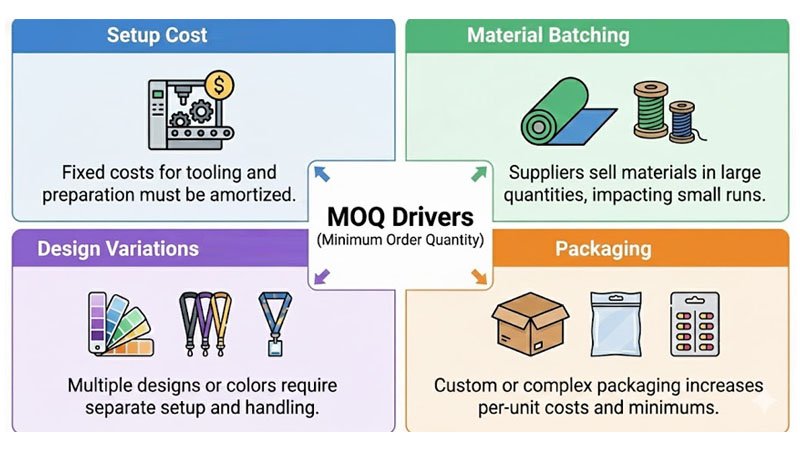 Infographic explaining lanyard MOQ drivers including setup costs, material batching, design variations, and packaging requirements.