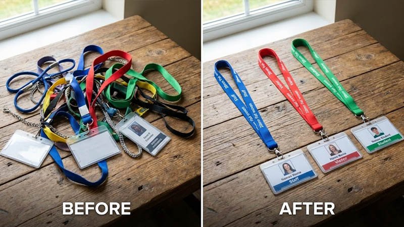 Before-and-after comparison of campus ID visibility with standardized lanyards and badge holders