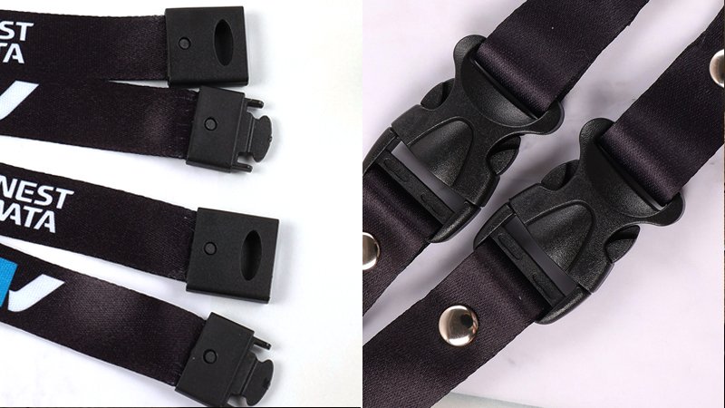 Close-up of a breakaway safety clasp on a school lanyard designed to reduce choking and snag risks