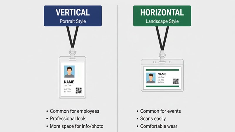 Vertical and horizontal badge holders for campus ID cards with lanyard attachments