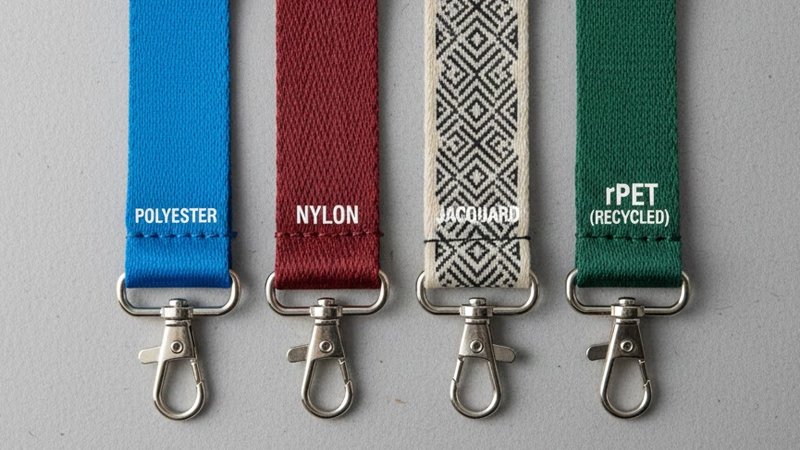 Close-up comparison of polyester, nylon, jacquard, and rPET exhibition lanyard materials