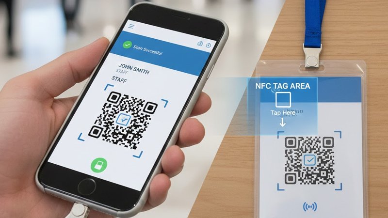 QR code scanning and optional NFC tag placement for faster check-in at exhibitions