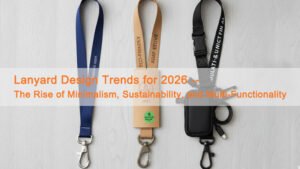 Flat lay of 2026 lanyard trends: minimalist two-tone webbing, rPET sustainable lanyard with label, and modular lanyard with quick-release buckle