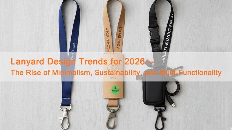Flat lay of 2026 lanyard trends: minimalist two-tone webbing, rPET sustainable lanyard with label, and modular lanyard with quick-release buckle