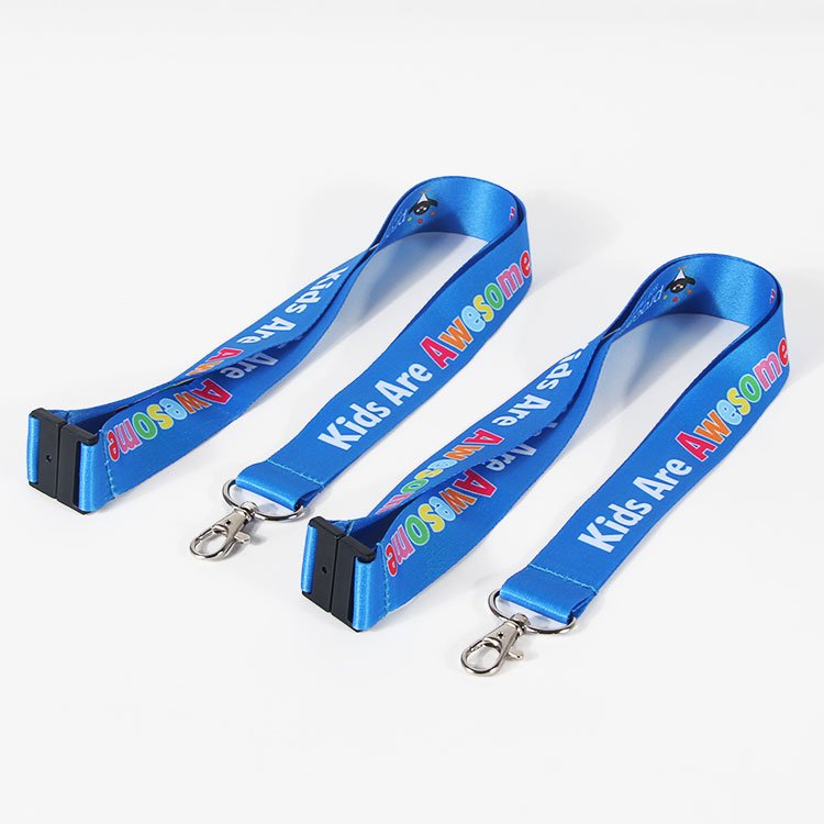 Blue custom printed lanyard with “Kids Are Awesome” text, quick-release buckle and metal swivel hook
