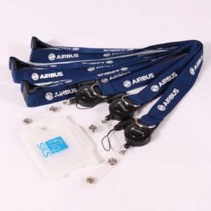 Airbus branded corporate lanyard with retractable badge reel for staff ID use