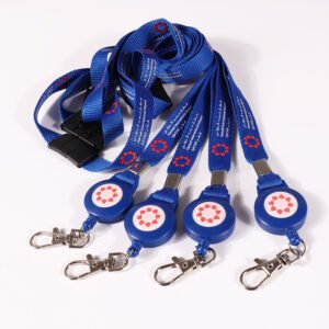 Custom polyester lanyard with screen printed logo, safety breakaway and retractable badge reel