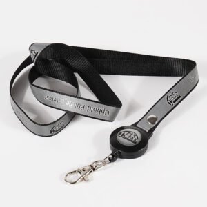 Reflective custom lanyard with screen printed logo and black round retractable badge reel