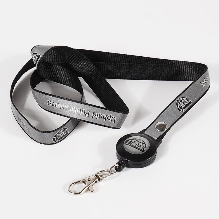 Reflective custom lanyard with screen printed logo and black round retractable badge reel