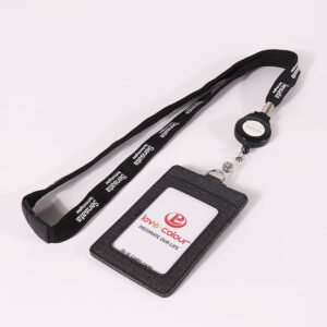 Custom tubular lanyard with printed logo, safety breakaway, badge reel and ID card holder