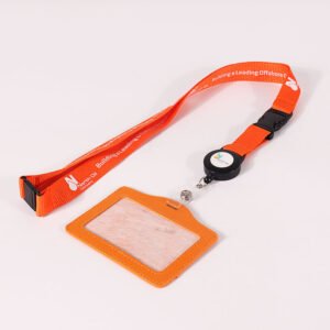 Custom polyester lanyard with breakaway buckle, badge reel and PU leather ID card holder