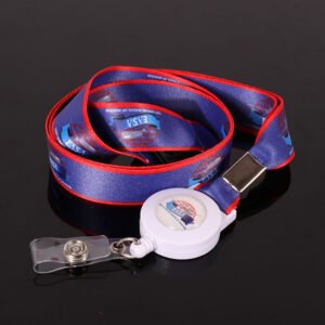 Full color heat transfer lanyard with safety breakaway and custom epoxy logo badge reel