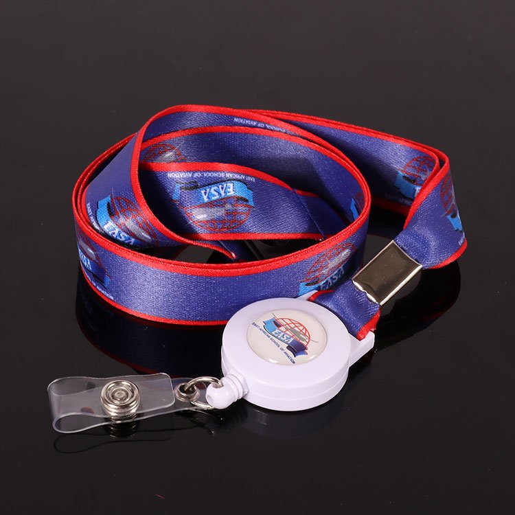 Full color heat transfer lanyard with safety breakaway and custom epoxy logo badge reel