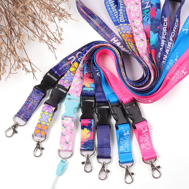 Graphic logo lanyard set with bright buckle colors and stitched polyester strap, suitable for conferences and promotions