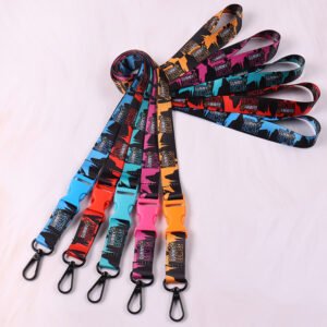 Custom printed lanyards with colorful breakaway buckles and black swivel hooks, featuring bold graphic patterns.