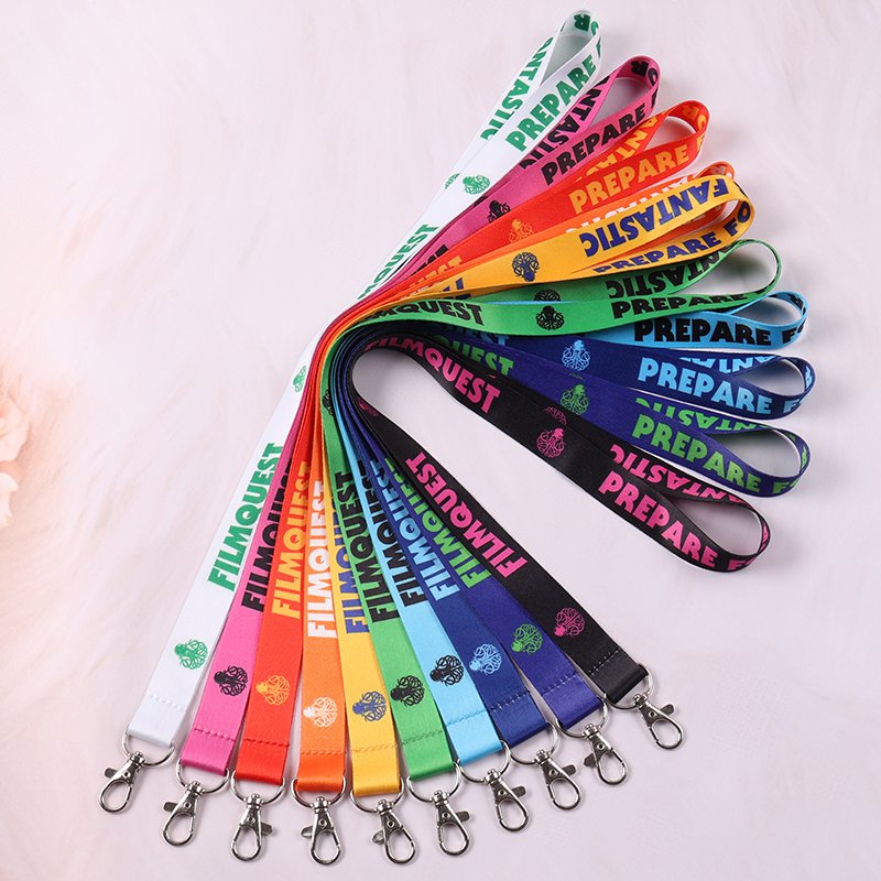 custom logo lanyards with metal swivel hooks, printed text design on polyester strap.