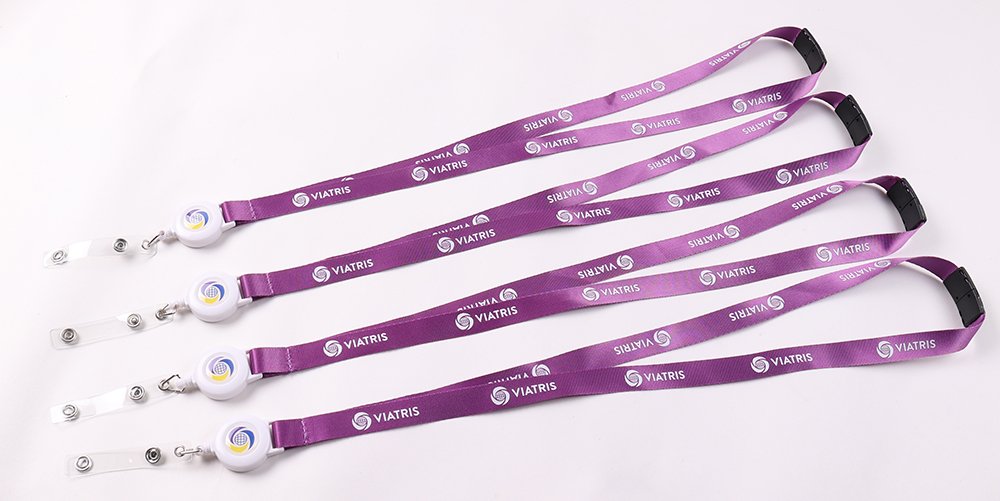 Custom nylon breakaway lanyard with screen printed logo and retractable epoxy badge reel