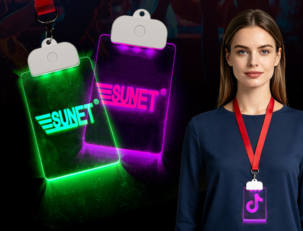 Custom LED lanyard with illuminated acrylic badge and glowing logo