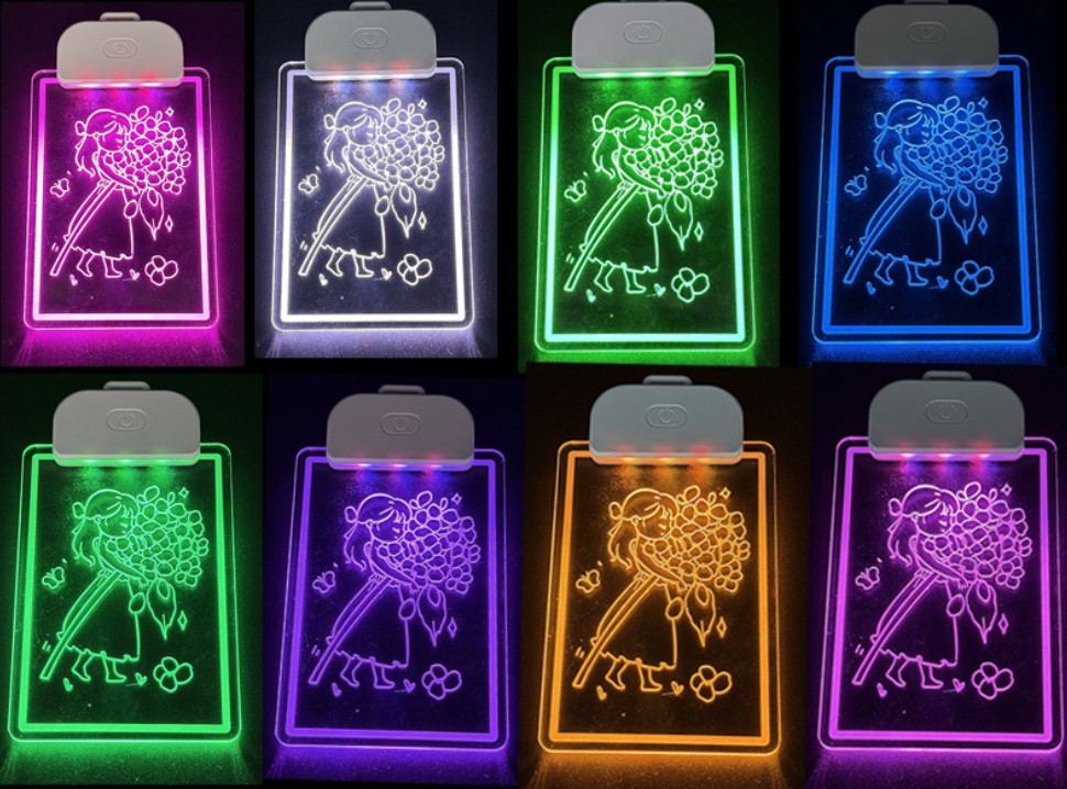Laser engraved acrylic LED badge with illuminated custom logo detail