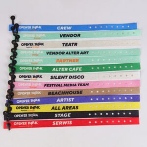 Colorful RPET event wristbands with perforated holes and one-way plastic locks
