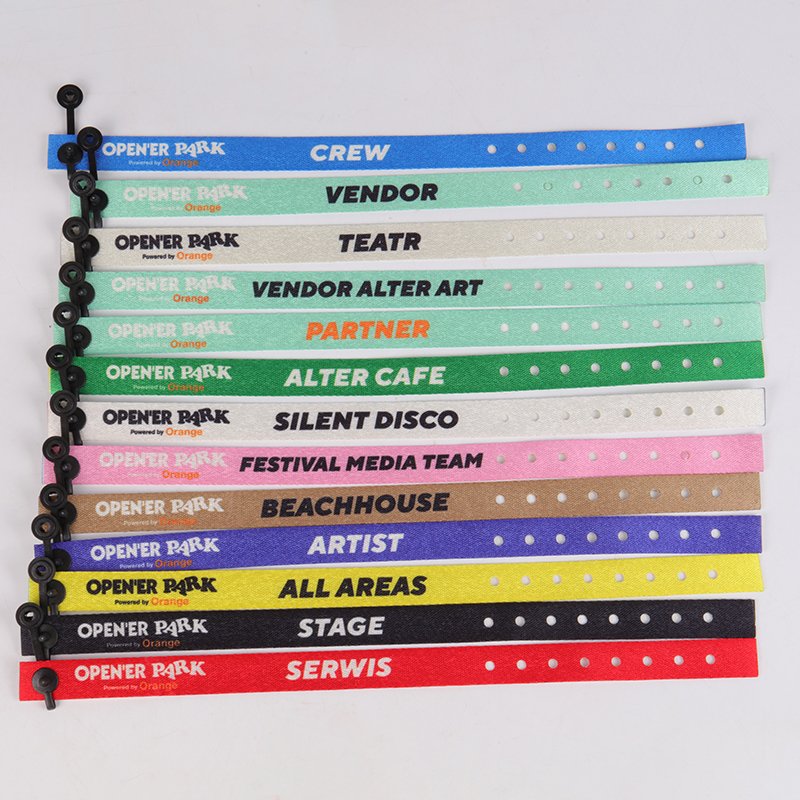 Colorful RPET event wristbands with perforated holes and one-way plastic locks