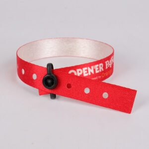 Soft woven RPET wristbands with high-contrast text for staff and vendors
