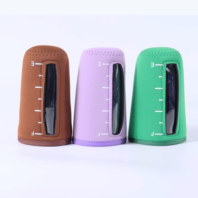 Bulk custom neoprene coffee cup holders with viewing window, heat transfer printed designs for cafés and promotions