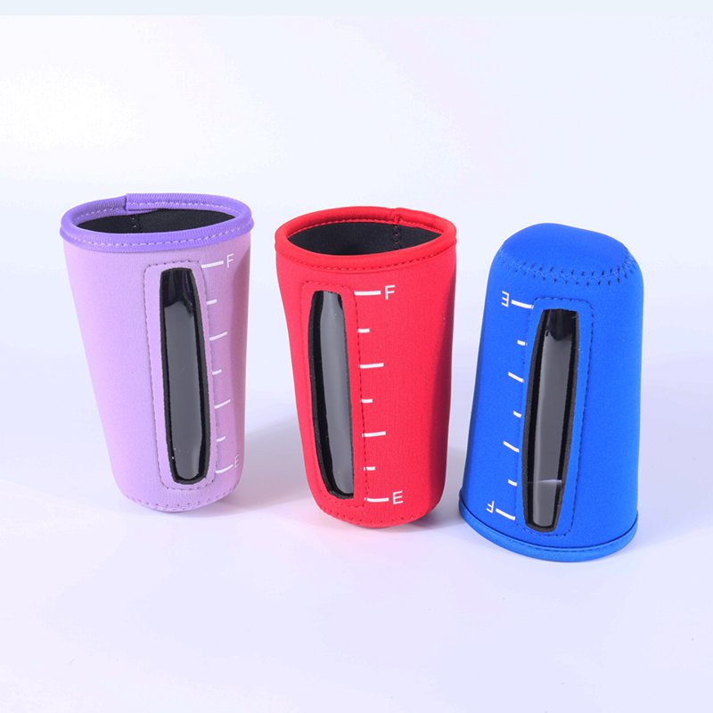 Neoprene cup sleeves with window cutout, comfortable grip for hot drinks, durable seams and bright logo printing