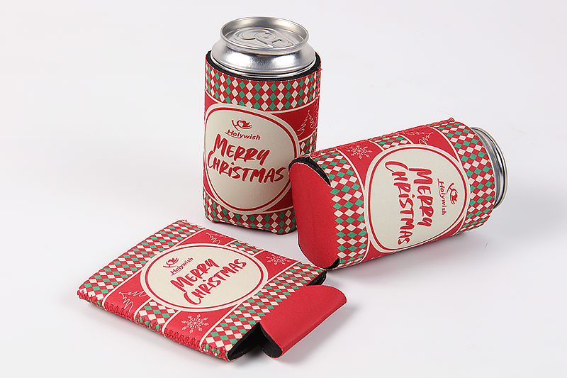 Foldable can cooler shown open around a 12oz can and collapsed flat for storage