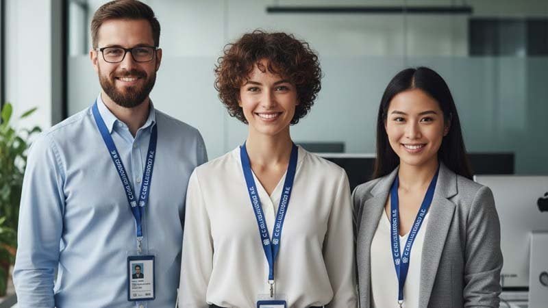 Employees wearing consistent branded lanyards as part of a corporate identity program