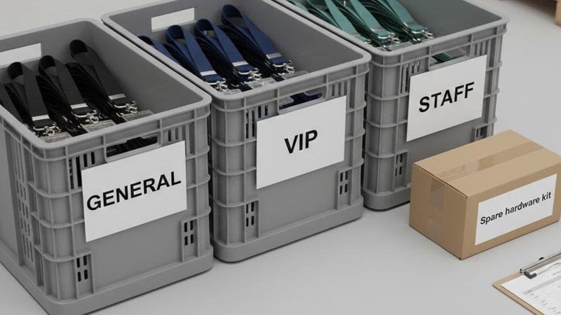 Event operations planning for lanyards showing labeled packaging, zone distribution boxes and contingency spare hardware kits