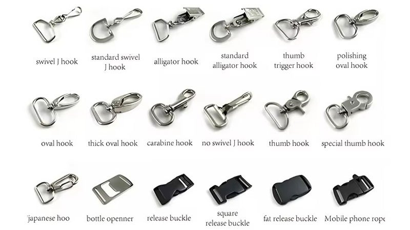 Modular lanyard hardware layout including quick-release buckle, rotating snap hook, dual clip, phone tether patch, and pen loop add-ons