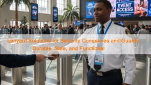 Security guard wearing a uniform and lanyard with visible ID badge while checking access at an entry gate.”