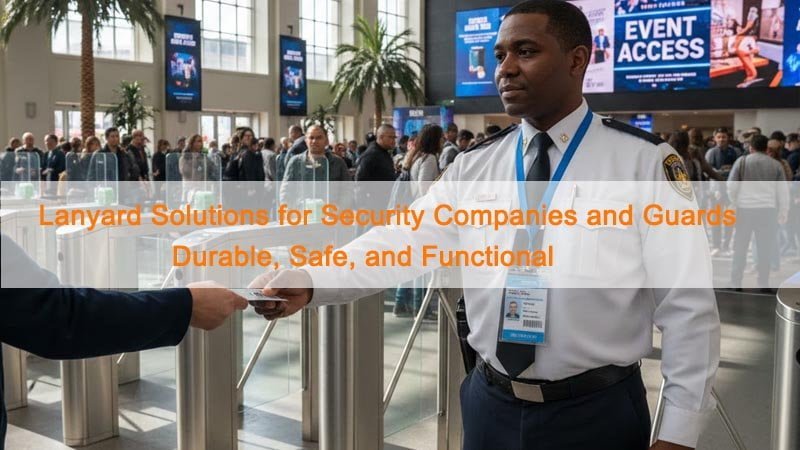 Security guard wearing a uniform and lanyard with visible ID badge while checking access at an entry gate.”