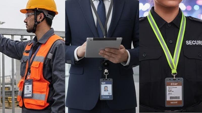 Three-panel image showing security lanyard setups for corporate access control, industrial sites, and event security with different visibility and attachment features.