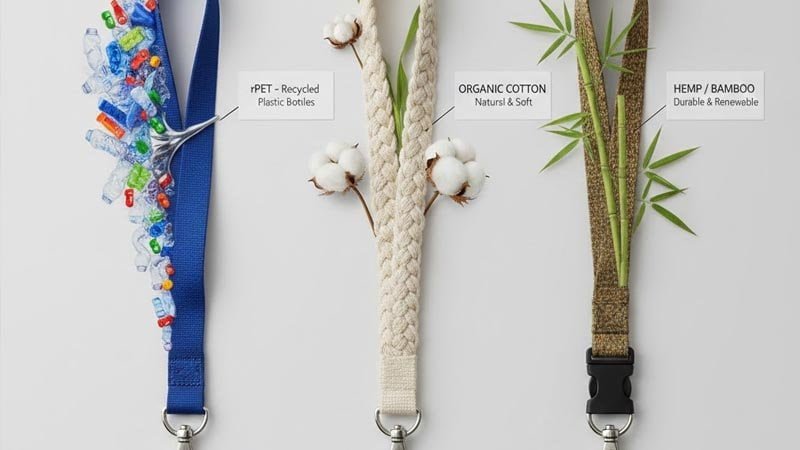 Eco-friendly lanyards made from recycled rPET and natural fibers, showing sustainable material options for 2026