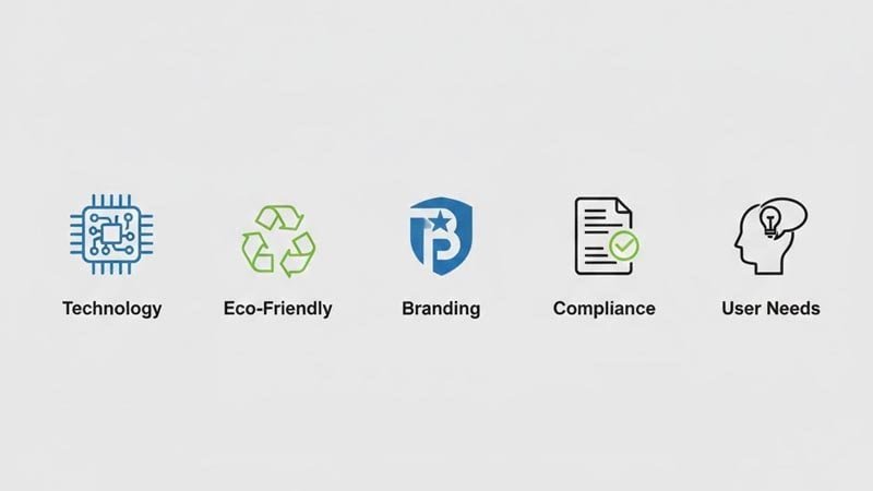 Infographic showing key drivers of 2026 lanyard trends: tech needs, sustainability, brand image, compliance, and user feedback