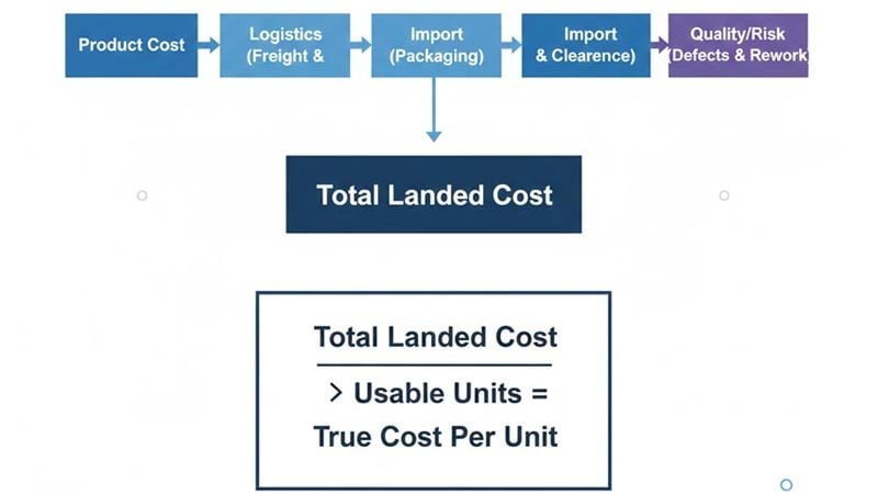 Flow chart defining true landed cost for lanyards: product cost, logistics, import fees, and quality risk divided by usable units.