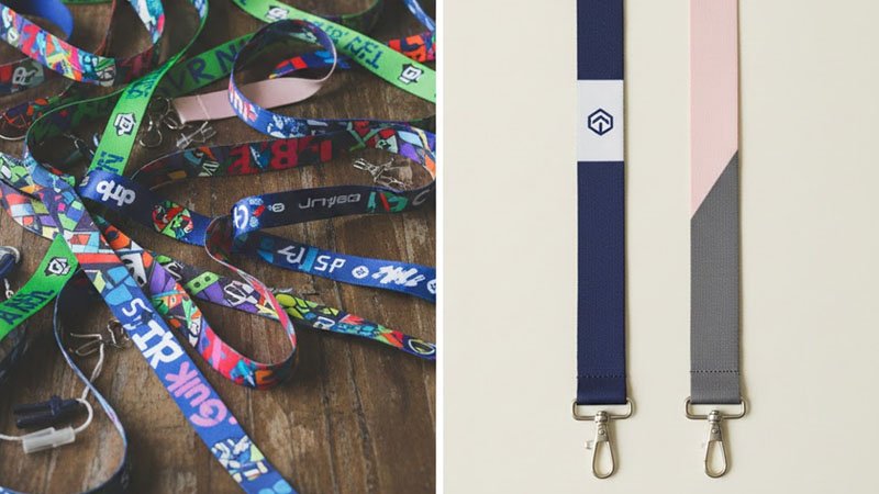 Side-by-side comparison of cluttered full-print lanyard versus premium minimalist lanyard with clean spacing and two-tone design