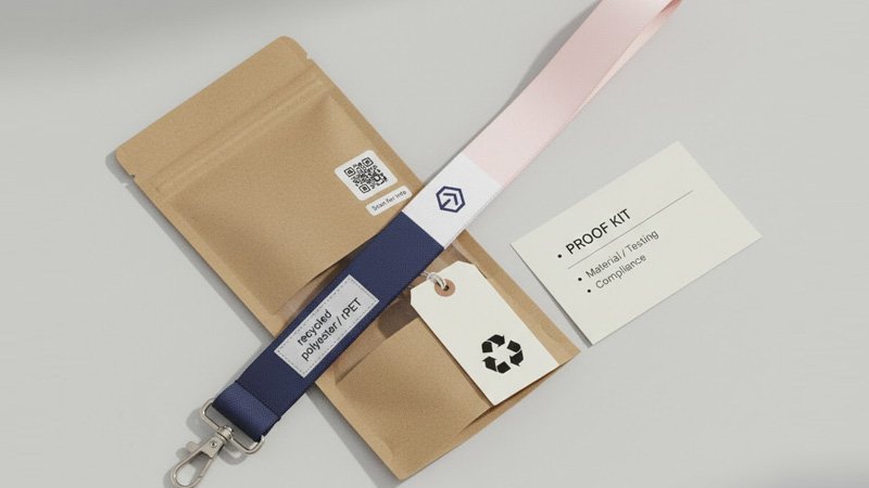 rPET recycled polyester lanyard with sustainability hang tag and QR code label for material transparency