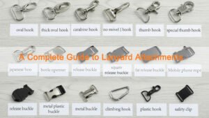 Lanyard attachments overview showing metal hooks, safety breakaways, badge reels, clips, quick-release buckles, and phone tabs.