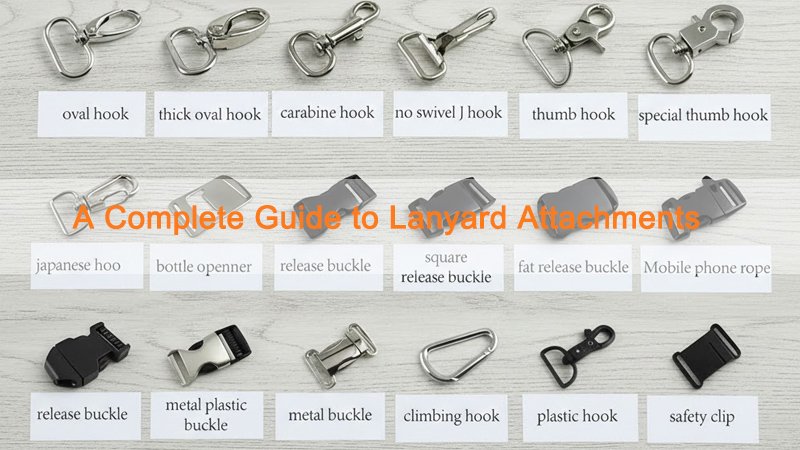 Lanyard attachments overview showing metal hooks, safety breakaways, badge reels, clips, quick-release buckles, and phone tabs.