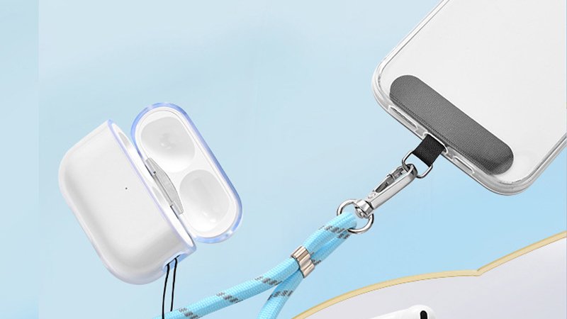 Phone lanyard options showing adhesive phone tab, case slot tab, and reinforced attachment for smartphone straps.