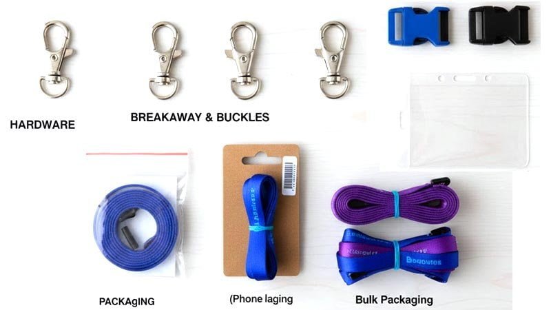 Flat lay of lanyard hardware and add-ons—breakaway, buckle, swivel hook, badge holder and packaging—showing common hidden cost drivers.
