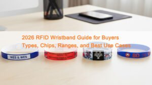 RFID wristband guide hero image showing silicone, fabric, Tyvek, and vinyl wristbands with tap-to-read and access control use.